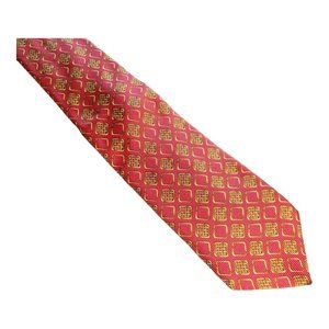Men's 100% Silk Tie 59" Burberry  Hand Sewn in England Red Gold Business TY-24